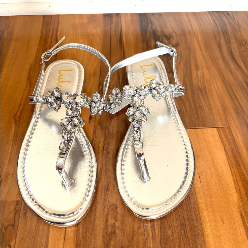 New Lulus Westan Silver Jewel Gem Sandals ankle strap flip flop size 8